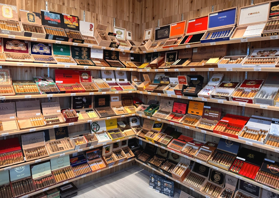shelves of cigars in climate-controlled room